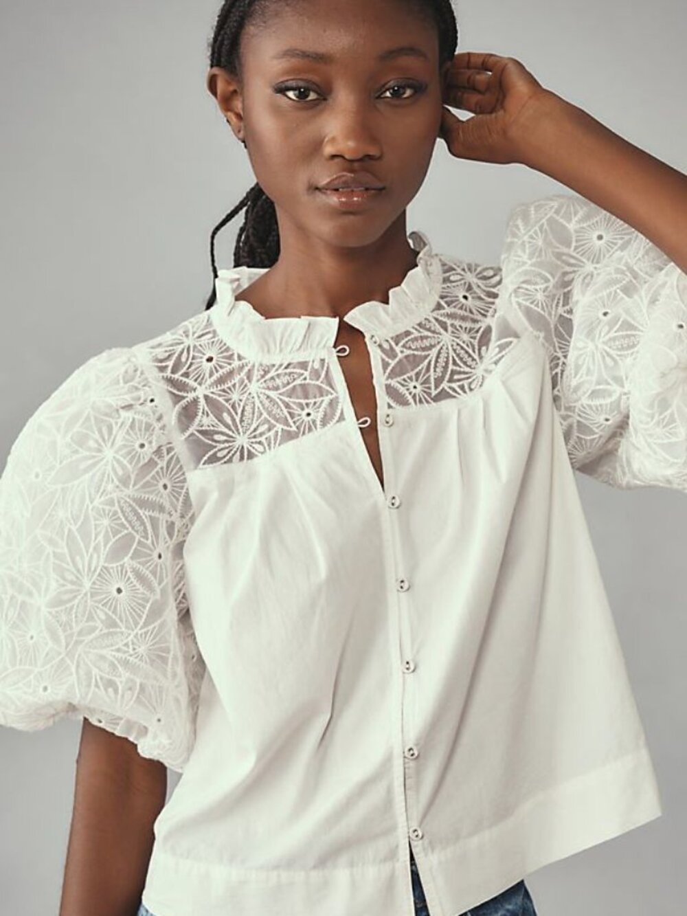 Maeve Puff-Sleeve Embellished Button-Front Blouse NWT